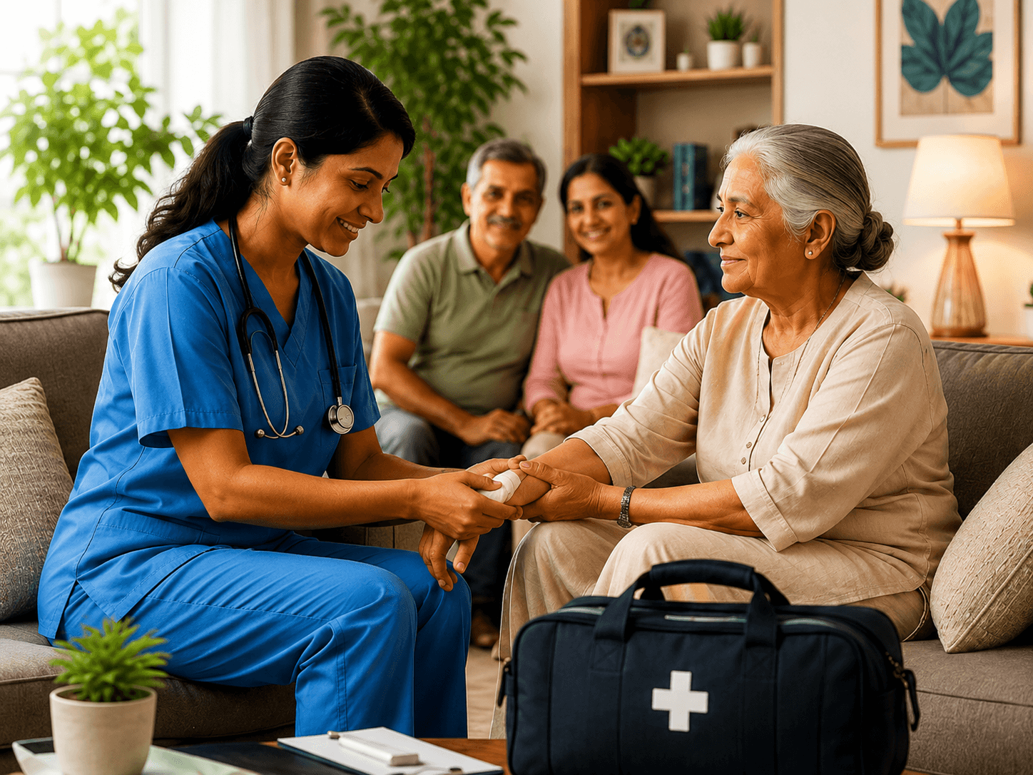 Nurse providing home care to a patient in a comfortable home setting