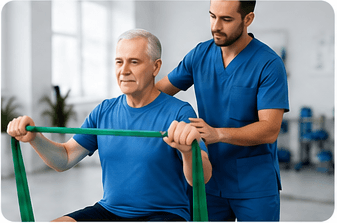 Patient performing strength rehabilitation with resistance bands